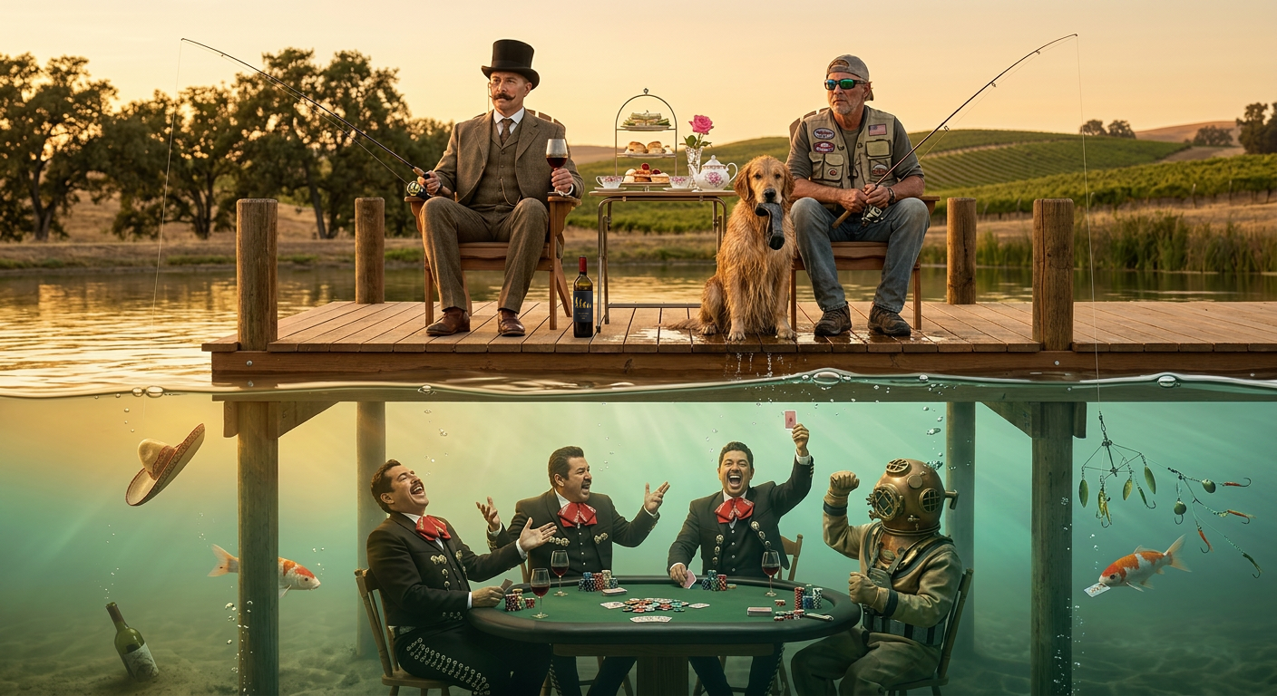Split-level view of a Paso Robles pond dock: above the waterline, a Victorian gentleman in a top hat and a pro bass angler in a fishing vest sit side by side with fishing rods, a real McClean wine bottle, and a golden retriever between them. Below the waterline, three mariachis and a deep-sea diver in a brass helmet play poker at a green felt table, wine glasses and poker chips in hand, koi fish and fishing lures drifting past.